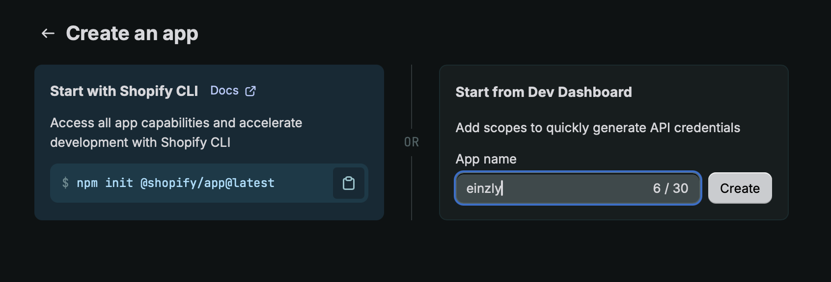 Shopify Dev Dashboard : créer une nouvelle application nommée einzly via « Start from Dev Dashboard »