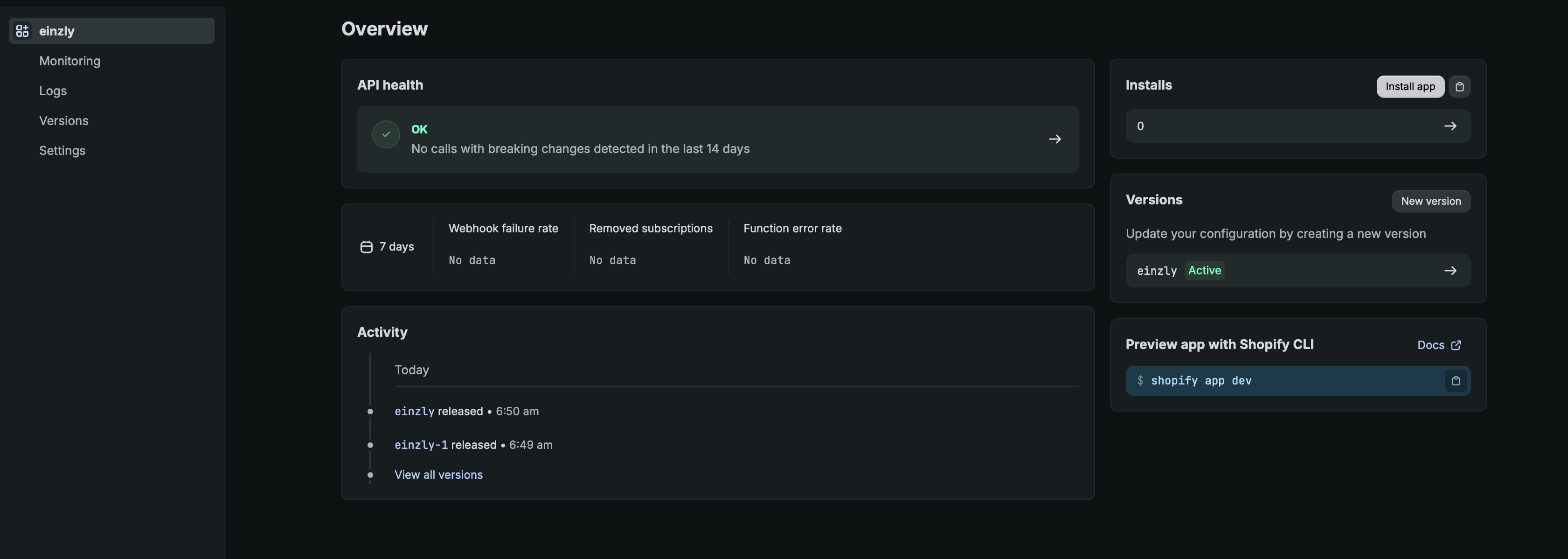 Aperçu du Shopify Dev Dashboard avec le bouton Install app en haut à droite